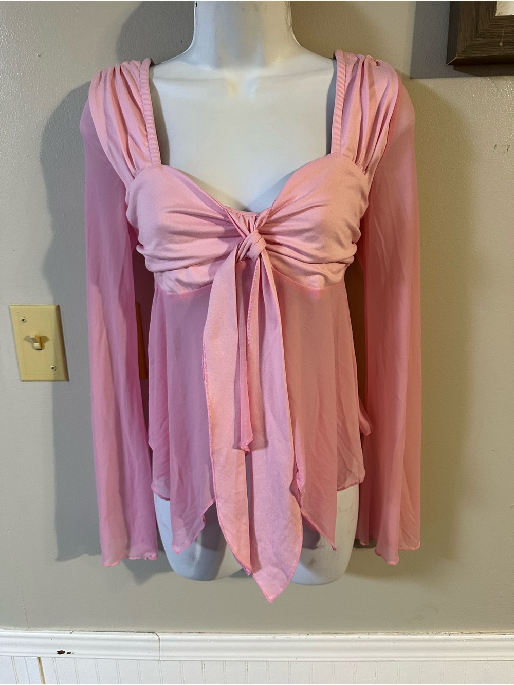 Pink Tie-Front Long Sleeve Women's Top